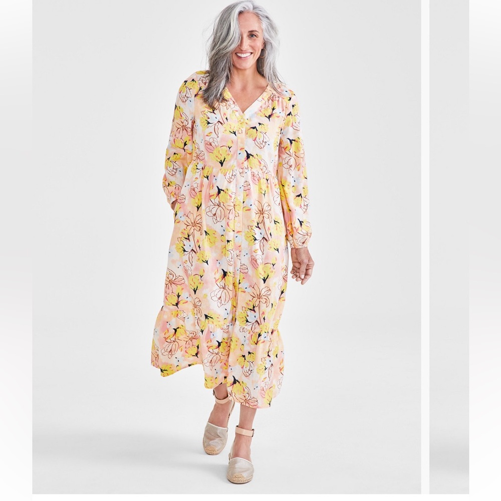 Petite Floral Tiered Button Front Midi Dress, Created for Macy's